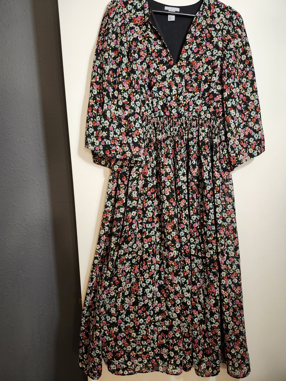 H&M Black Dress with Pink & Green Floral Print -Size 8
